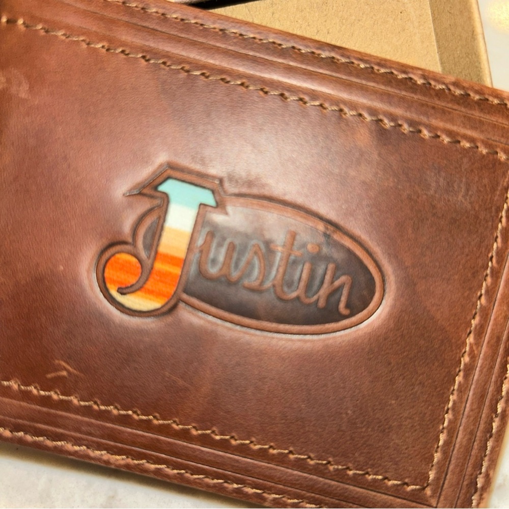 Justin Boots Multicolor Logo Brown Leather Card Holder
